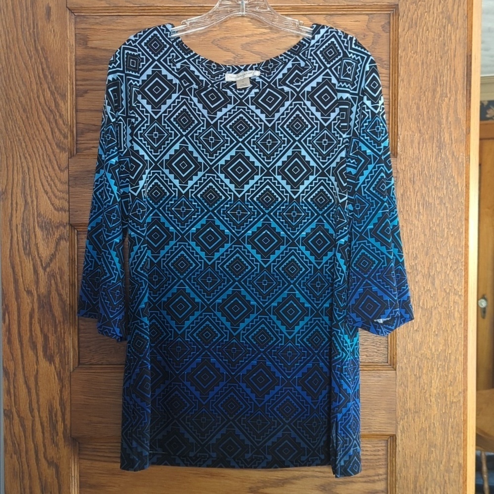 Christopher & Banks Bell 3/4 Sleeve Blue Ombre Abstract Print Stretch Blouse S